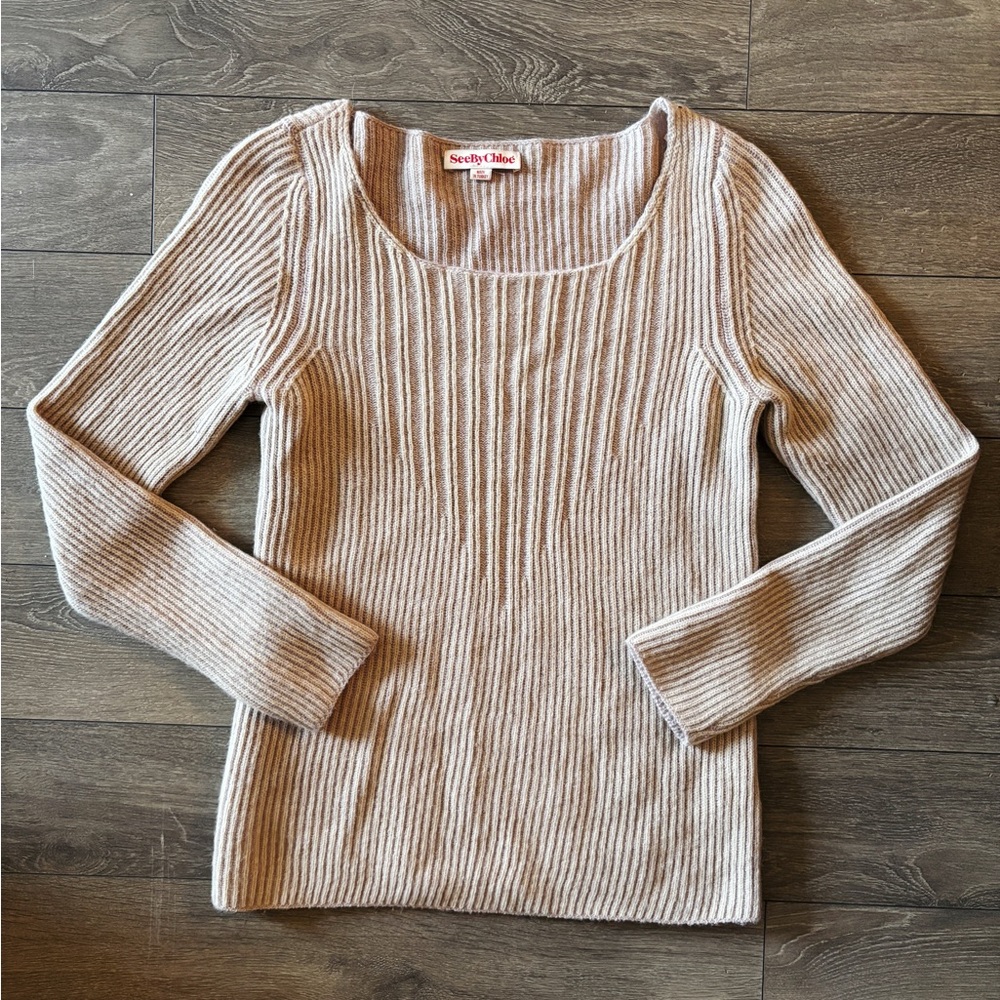 See by Chloe Alpaca Wool Sweater in Taupe/Lavender | US 4 (Fits 6-8)